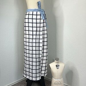 Novis Gridded Windowpane Wrap Maxi Skirt Denim Waistband Tie